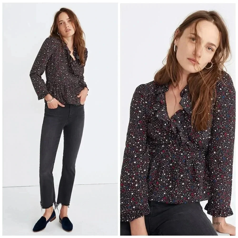 Madewell Silk Ruffle-Hem Wrap Top in Starry Night